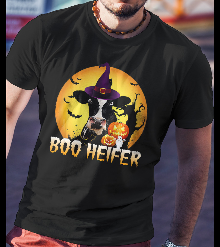 Boo Heifer Witch Hat Cow Halloween Moon Pumpkins Ghost T-Shirt