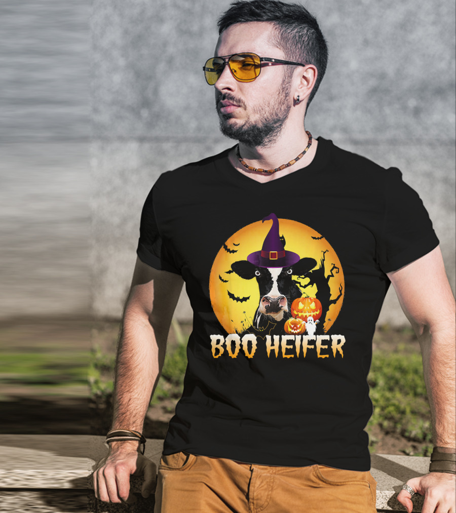 Boo Heifer Witch Hat Cow Halloween Moon Pumpkins Ghost T-Shirt