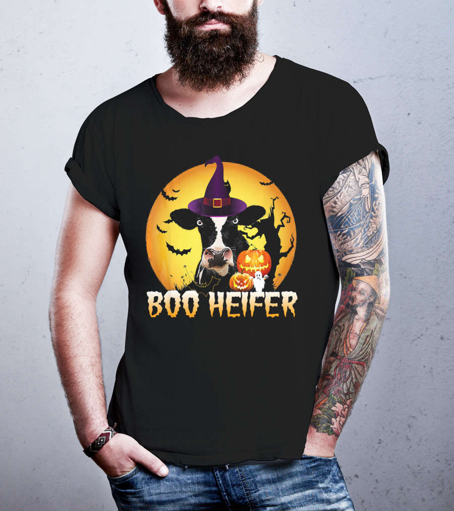 Boo Heifer Witch Hat Cow Halloween Moon Pumpkins Ghost T-Shirt