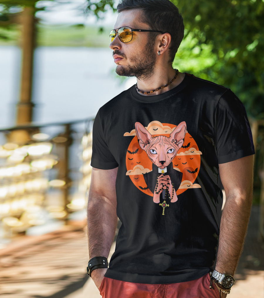 Funny Sphynx Priest With Rosary And Bats Hall T-Shirt