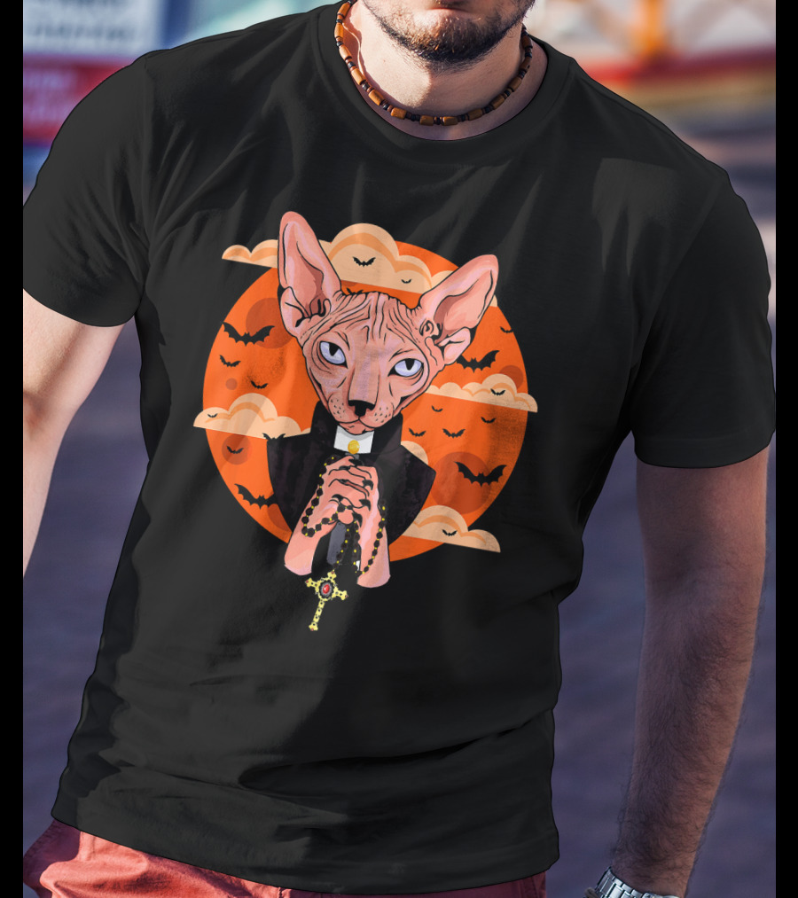 Funny Sphynx Priest With Rosary And Bats Hall T-Shirt