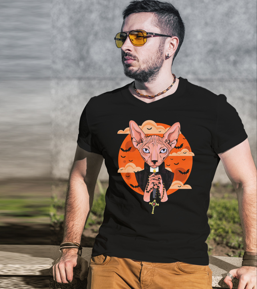 Funny Sphynx Priest With Rosary And Bats Hall T-Shirt