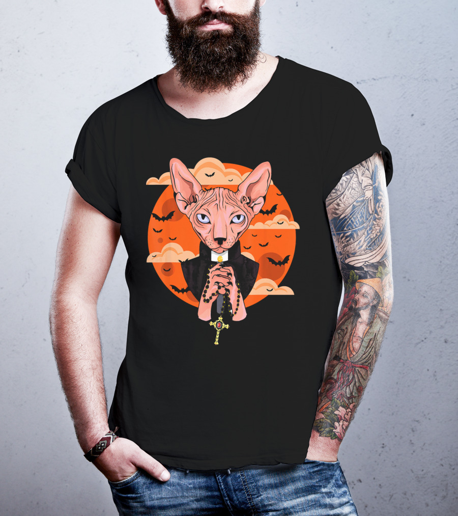 Funny Sphynx Priest With Rosary And Bats Hall T-Shirt