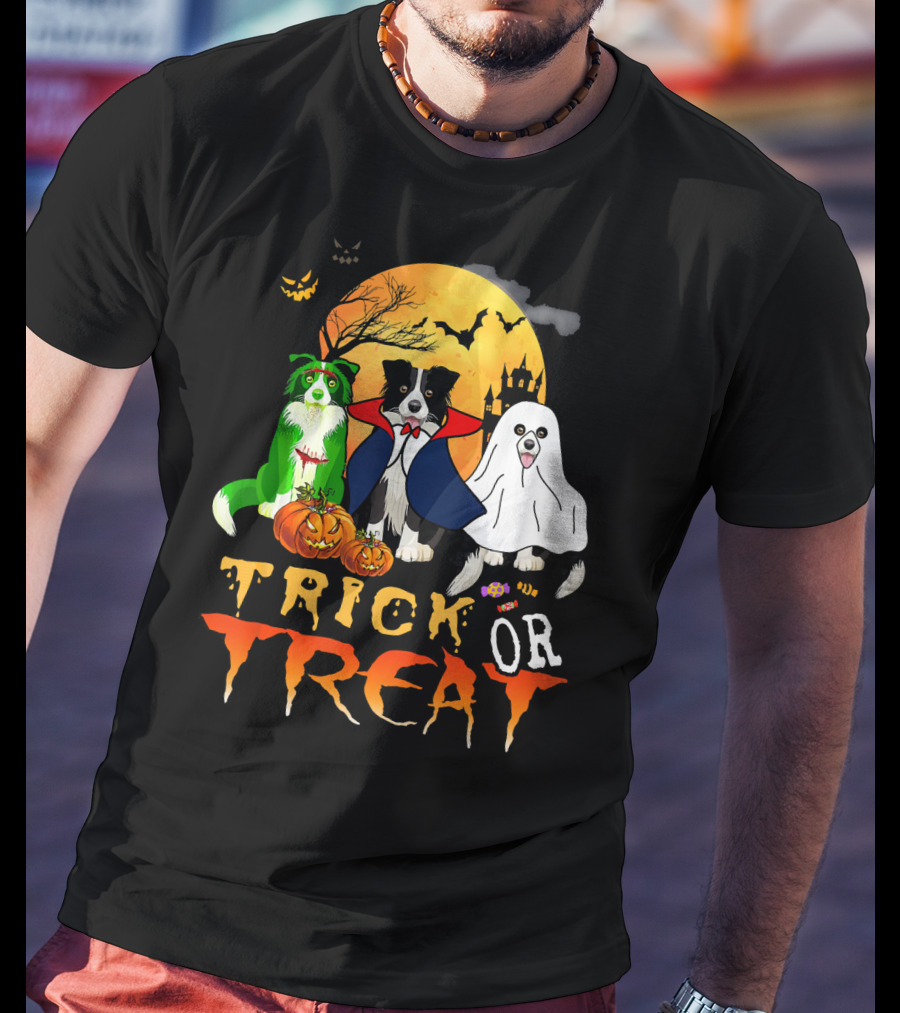 Trick Or Treat Halloween Border Collie Costumes Pumpkins Haunted Moon T-Shirt