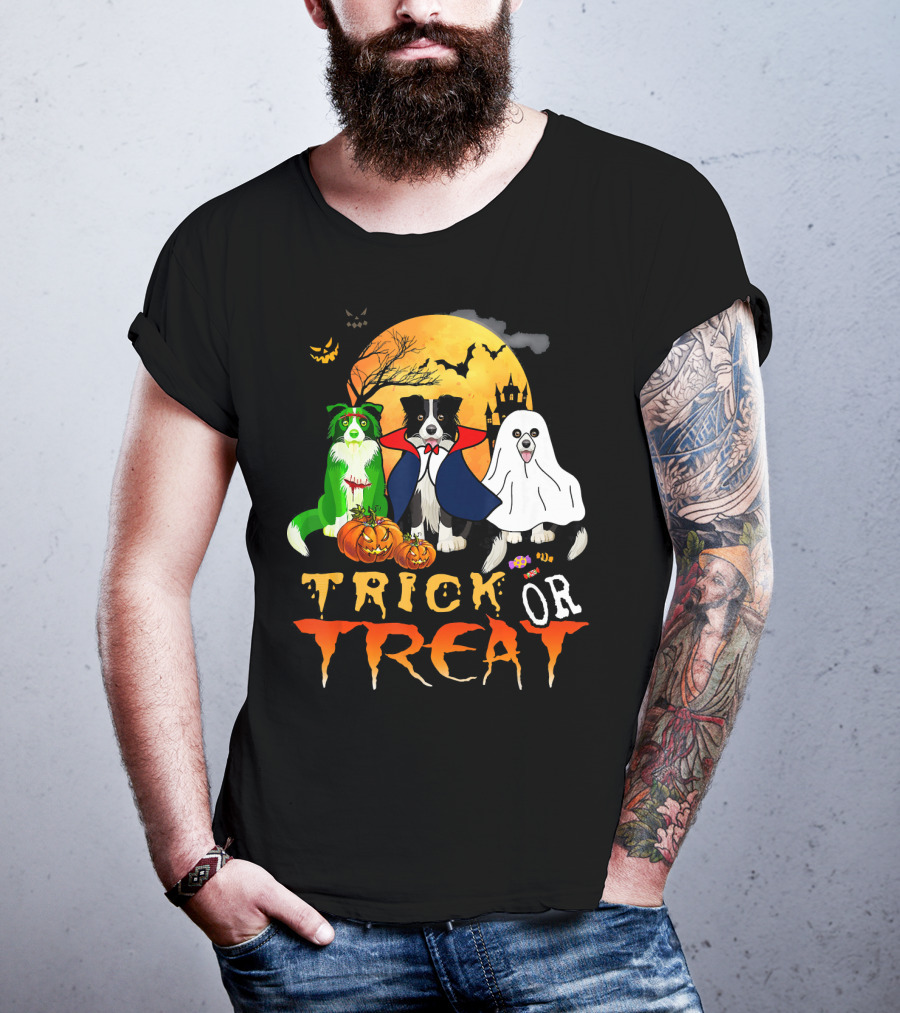Trick Or Treat Halloween Border Collie Costumes Pumpkins Haunted Moon T-Shirt