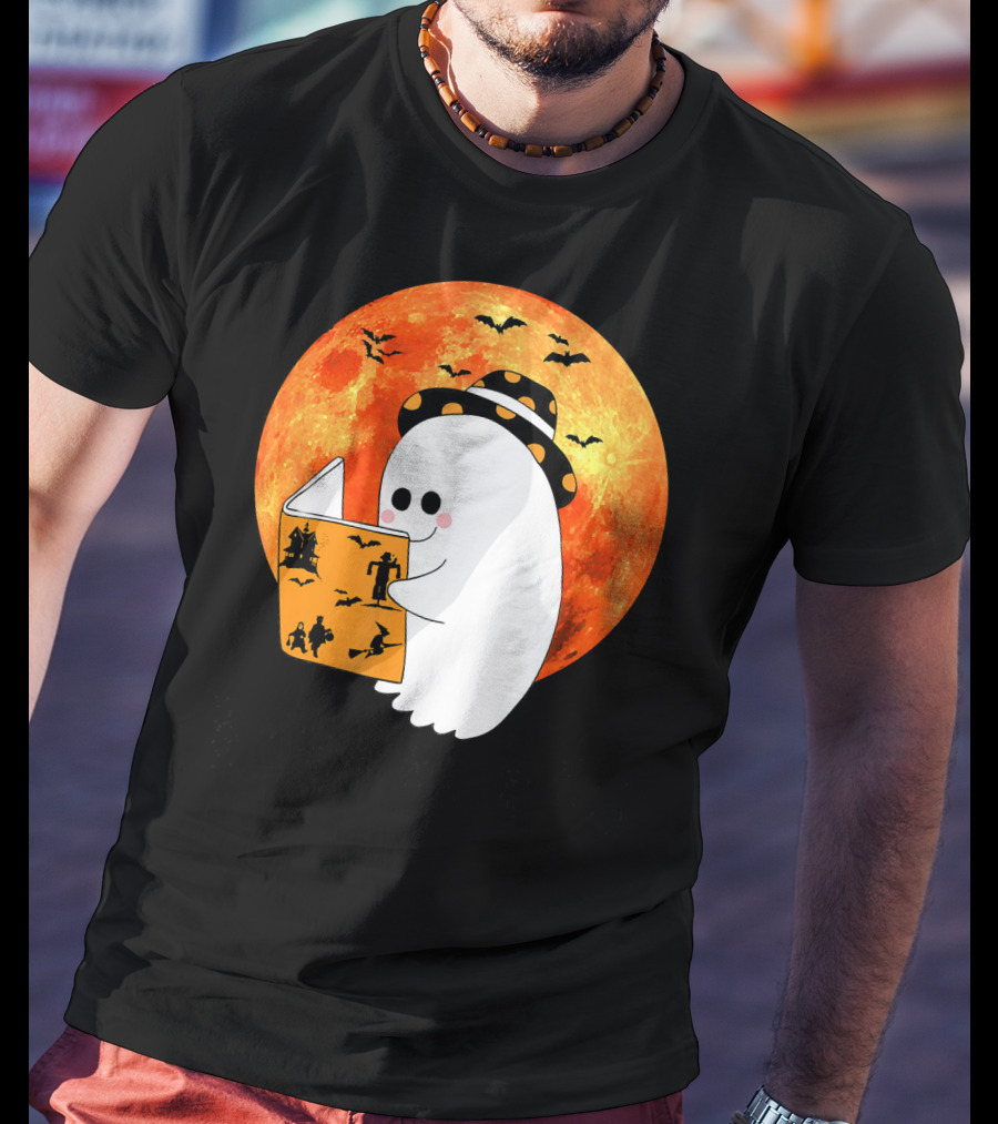 Halloween Ghost Reading Boo Books With Orange Moon And Bats T-Shirt