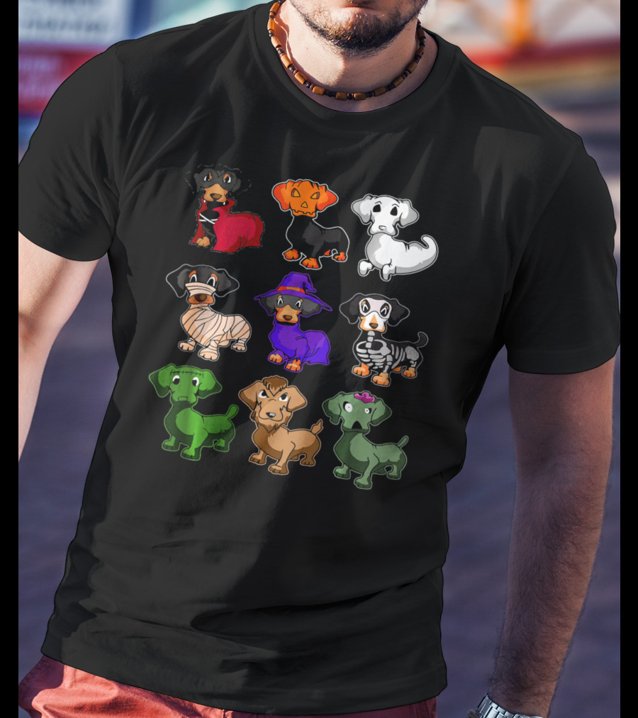 Dachshund Halloween Costumes Dracula Pumpkin Ghost Mummy Witch Skeleton Zombie Frankenstein T-Shirt