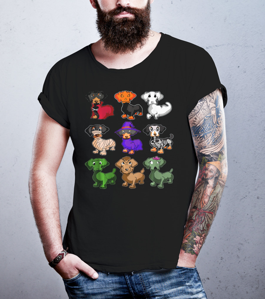 Dachshund Halloween Costumes Dracula Pumpkin Ghost Mummy Witch Skeleton Zombie Frankenstein T-Shirt