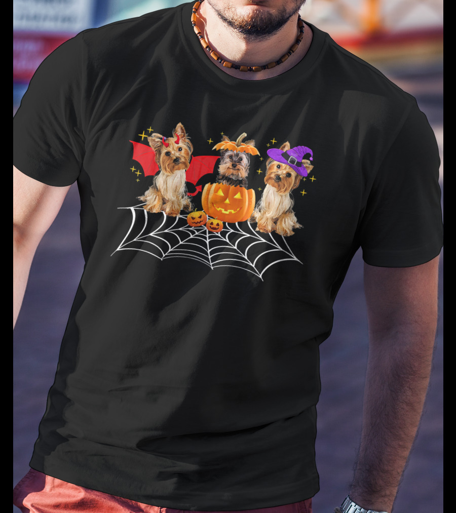 Halloween Yorkshire Terriers Pumpkin Bat Witch Spider Web T-Shirt