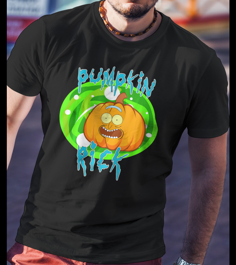 Pumpkin Rick Halloween Parody With Green Portal And Cartoon Face T-Shirt