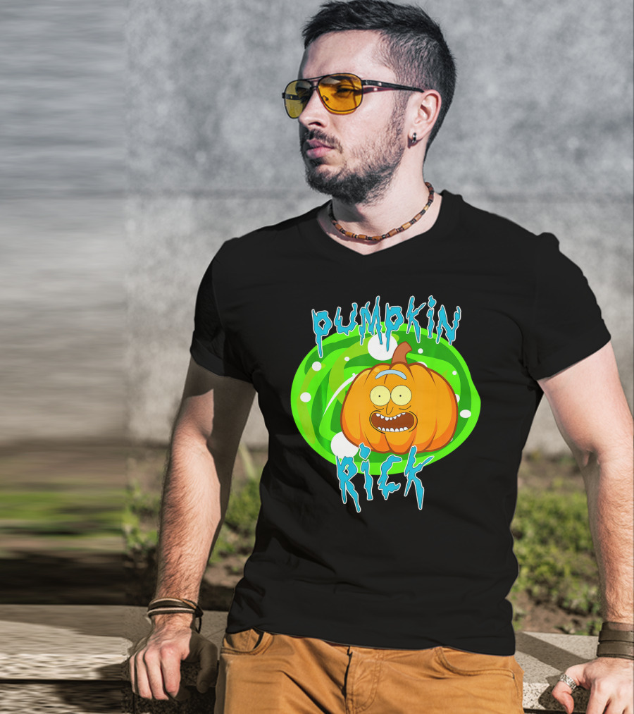 Pumpkin Rick Halloween Parody With Green Portal And Cartoon Face T-Shirt