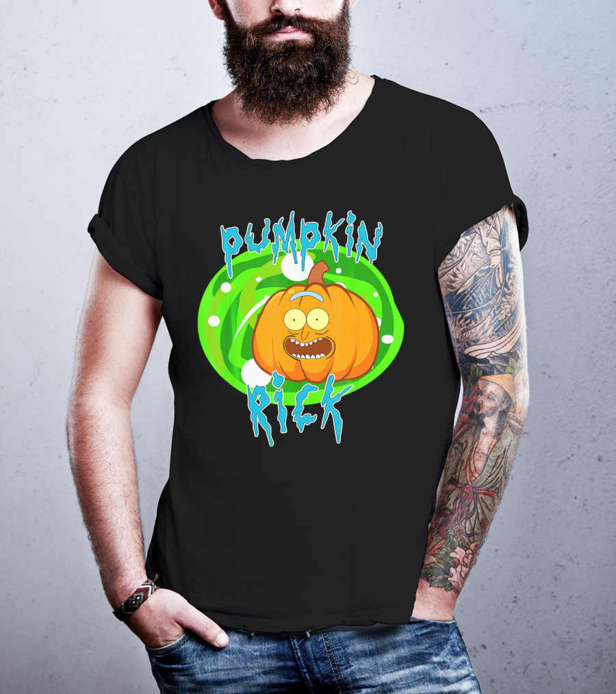 Pumpkin Rick Halloween Parody With Green Portal And Cartoon Face T-Shirt