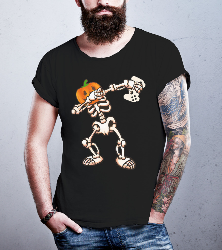 Halloween Dabbing Skeleton Pumpkin Head Video Game Controller T-Shirt