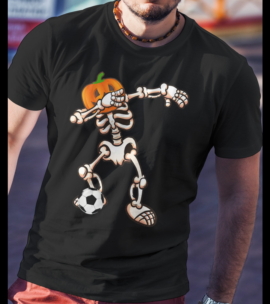 Funny Halloween Dabbing Skeleton Pumpkin Head With Soccer Ball T-Shirt