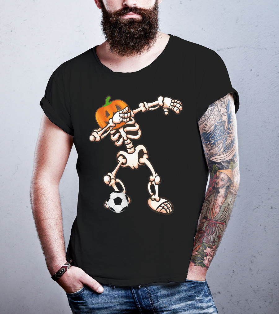 Funny Halloween Dabbing Skeleton Pumpkin Head With Soccer Ball T-Shirt