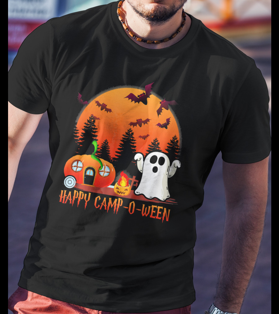 Happy Camp O Ween Funny Pumpkin Boo Ghost Moon With Bat Silhouette In Spooky Forest T-Shirt