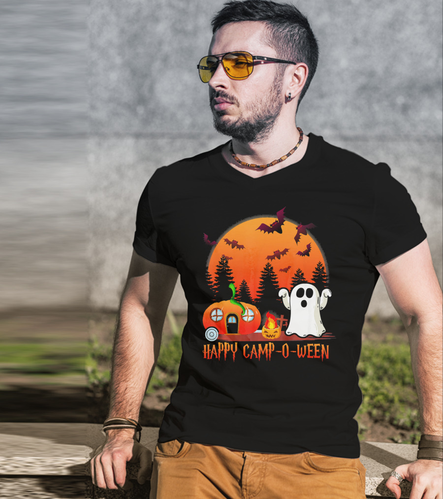 Happy Camp O Ween Funny Pumpkin Boo Ghost Moon With Bat Silhouette In Spooky Forest T-Shirt