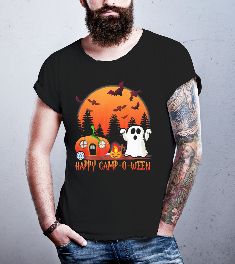 Happy Camp O Ween Funny Pumpkin Boo Ghost Moon With Bat Silhouette In Spooky Forest T-Shirt