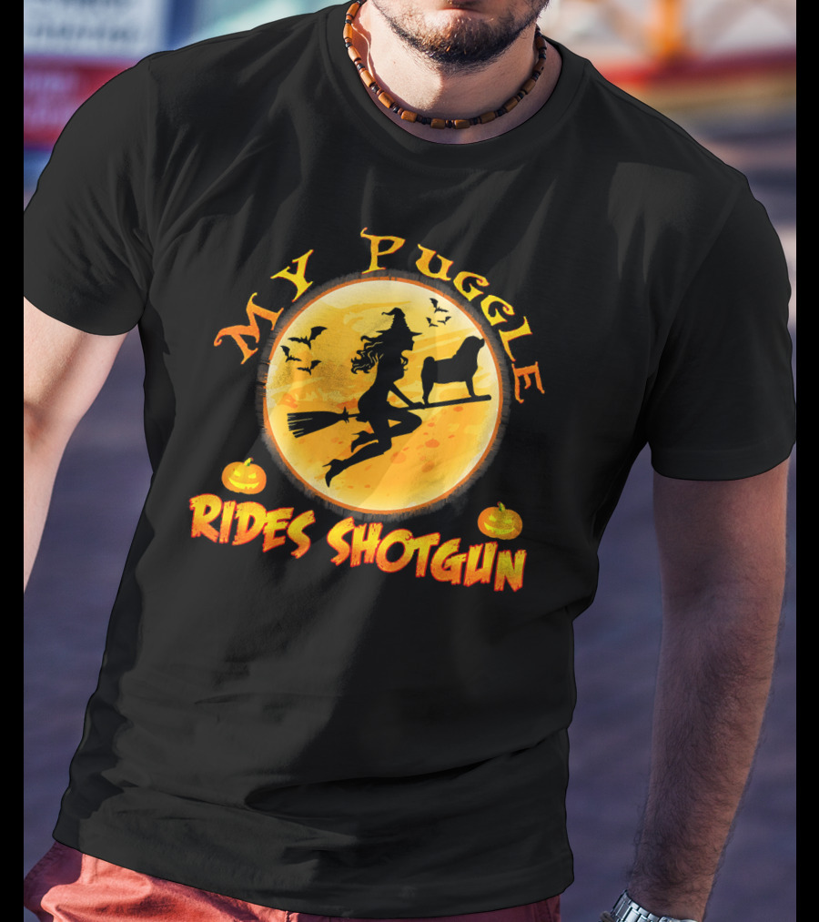 Halloween Witch And Puggle Rides Shotgun Full Moon Pumpkin T-Shirt