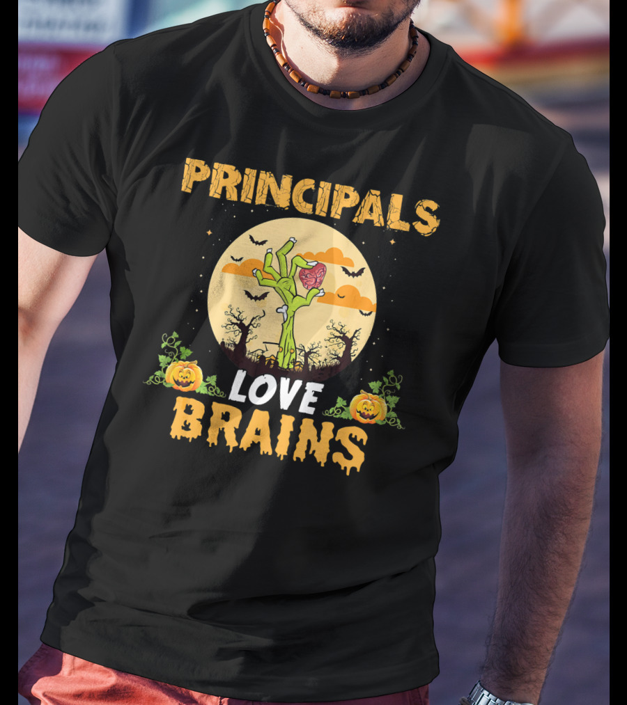 Principals Love Brains Zombies Halloween Moon Bats Pumpkins T-Shirt