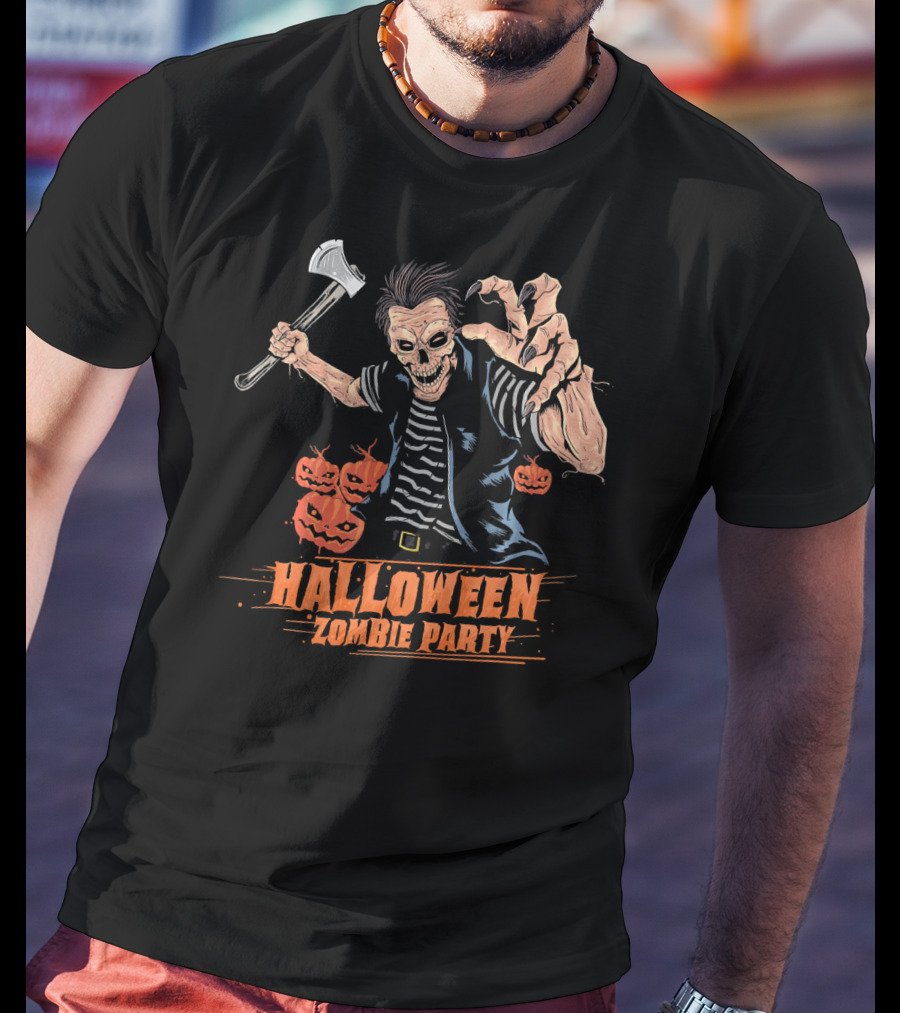 Halloween Zombie Party Scary Zom Axe-Wielding Zombie And Pumpkins T-Shirt