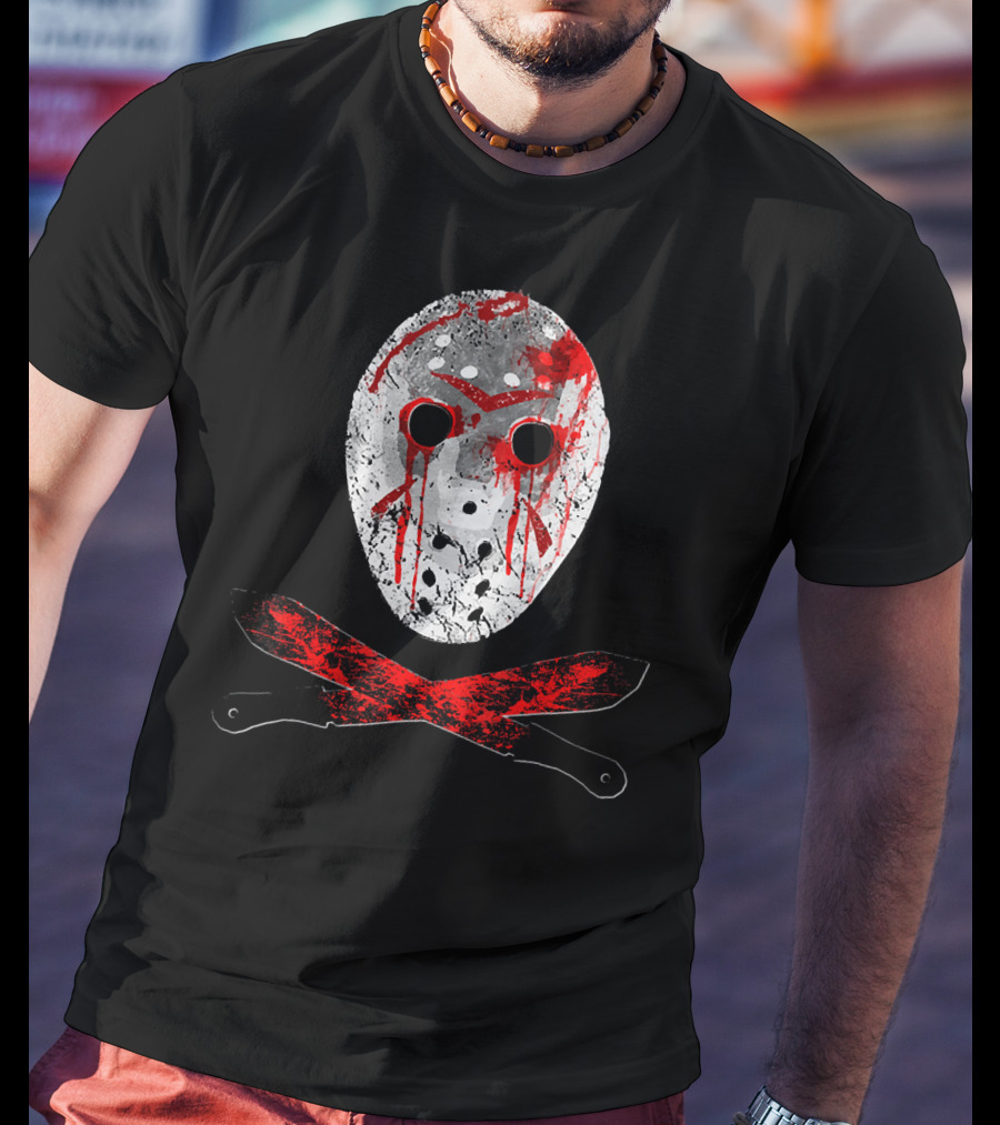 Friday The 13th Jason Mask Bloody Machete Crossed Horror T-Shirt
