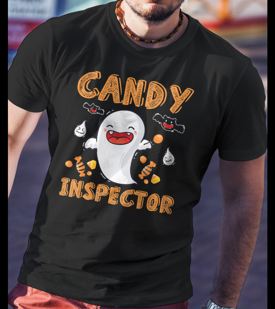 Candy Inspector Ghost Halloween Co Spooky Fun With Bats And Sweets T-Shirt