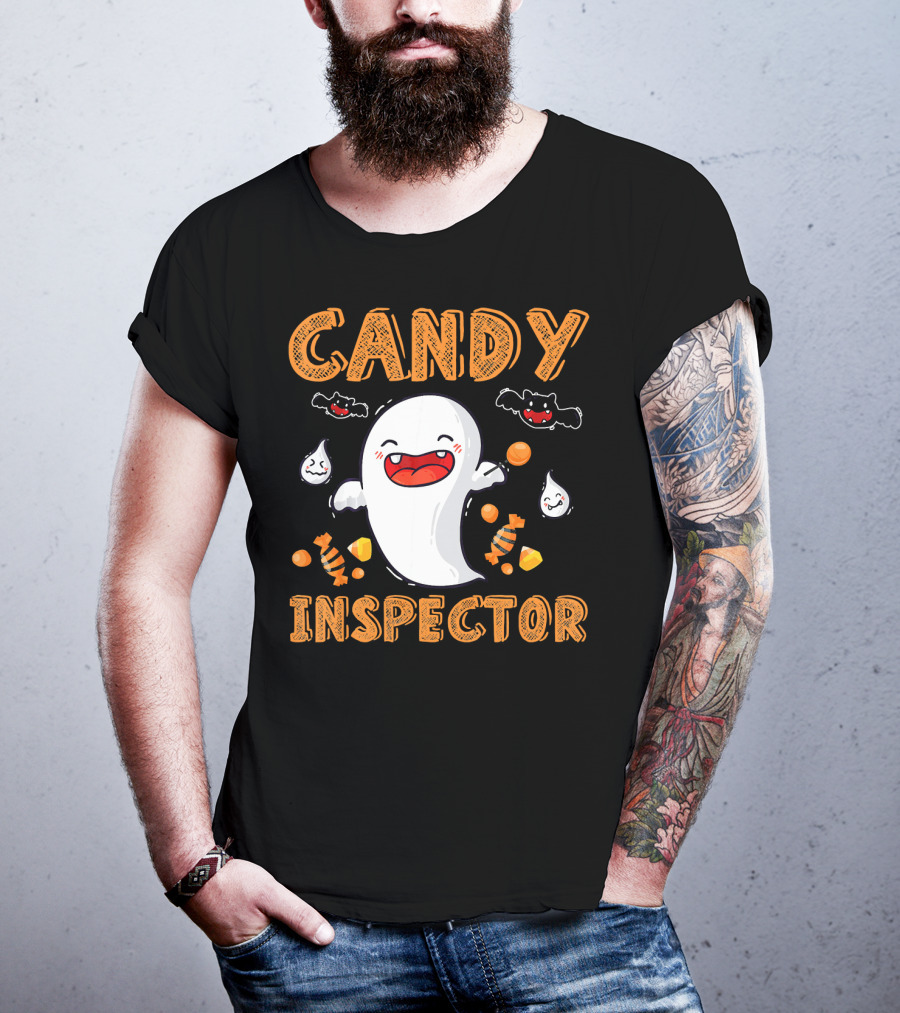 Candy Inspector Ghost Halloween Co Spooky Fun With Bats And Sweets T-Shirt