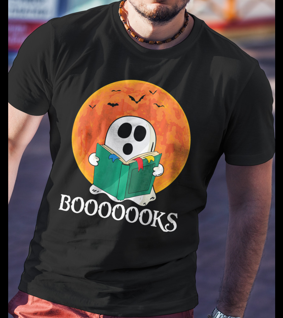 Funny Halloween Booooks Cute Ghost Reading With Full Moon And Bats T-Shirt