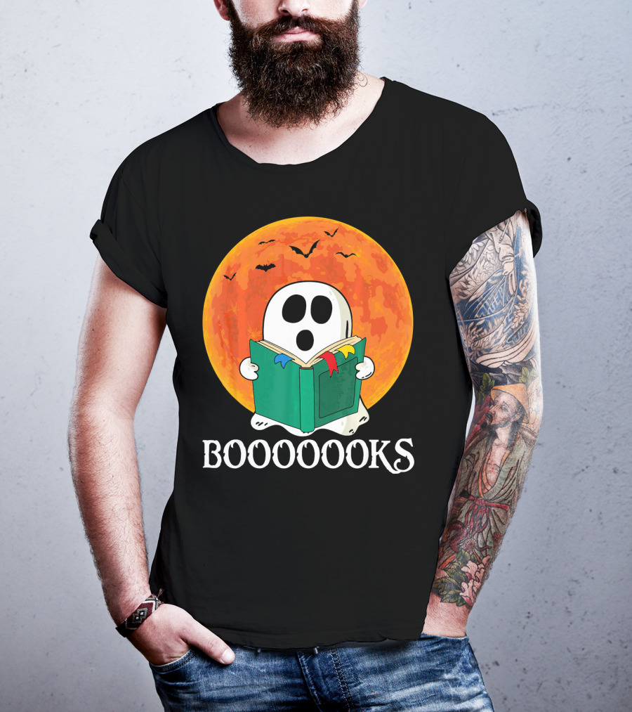 Funny Halloween Booooks Cute Ghost Reading With Full Moon And Bats T-Shirt