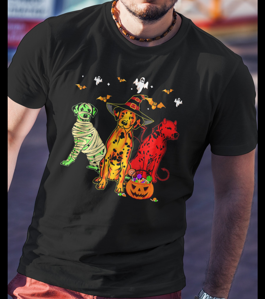 Funny Dalmatian Halloween Witch Mummy Devil Costume Party With Ghosts And Bats T-Shirt
