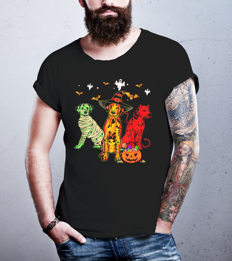Funny Dalmatian Halloween Witch Mummy Devil Costume Party With Ghosts And Bats T-Shirt