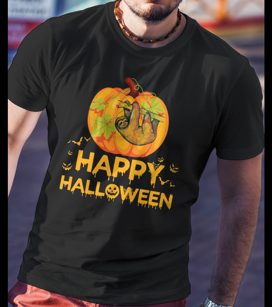Happy Halloween Pumpkin Sloth Hanging With Bats T-Shirt
