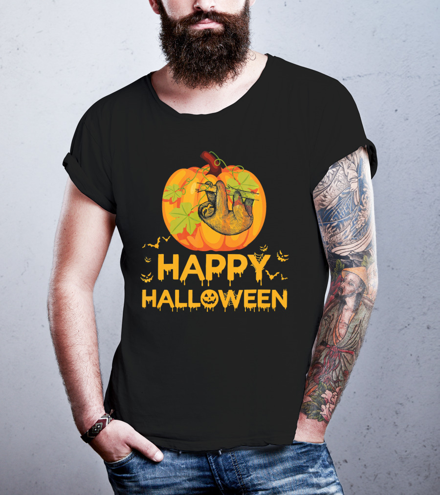 Happy Halloween Pumpkin Sloth Hanging With Bats T-Shirt