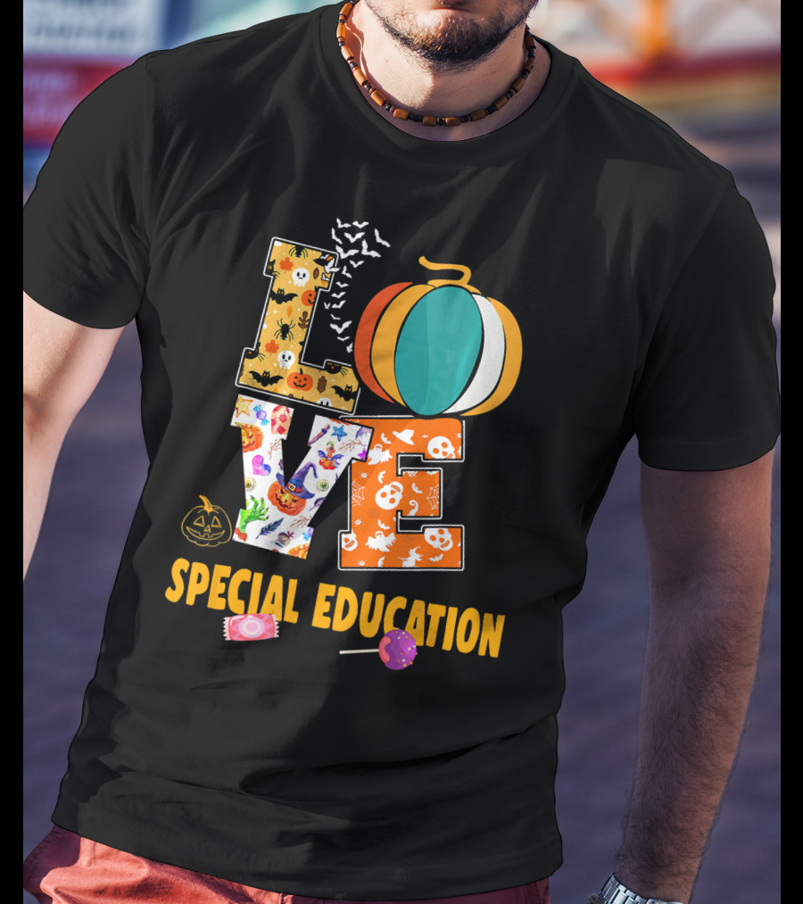 Special Education Love Halloween Pumpkin Candy Teacher T-Shirt