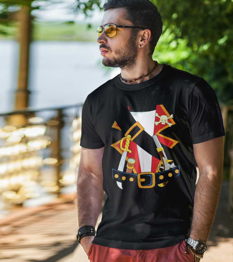 Pirate Costume Skull Crossbones Sword Pistol Belt T-Shirt