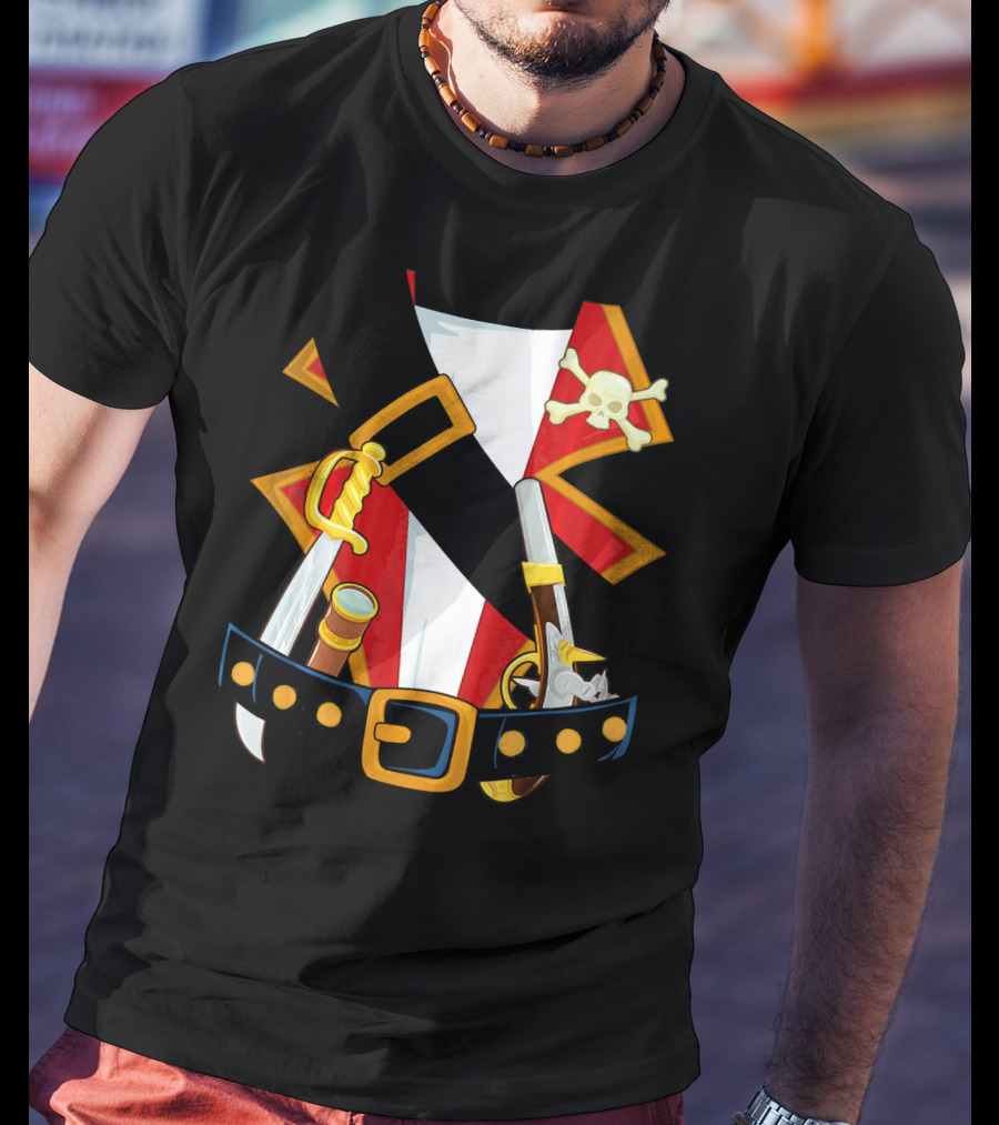 Pirate Costume Skull Crossbones Sword Pistol Belt T-Shirt