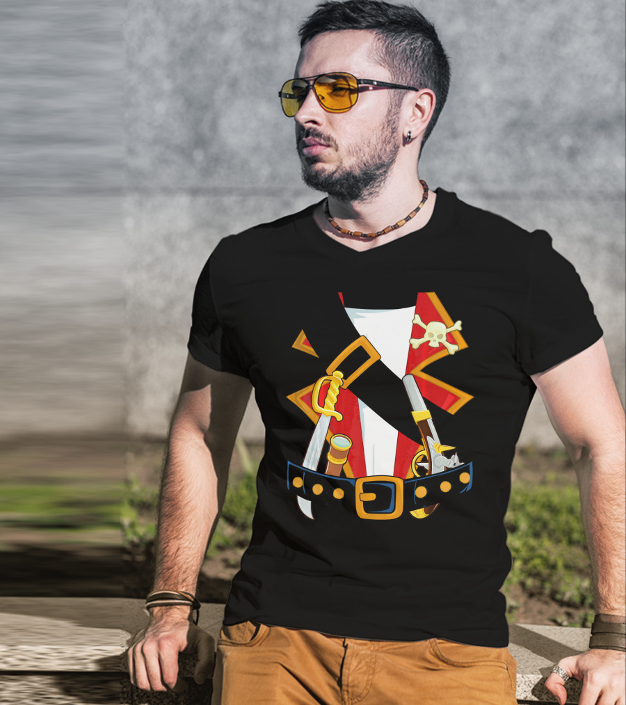 Pirate Costume Skull Crossbones Sword Pistol Belt T-Shirt