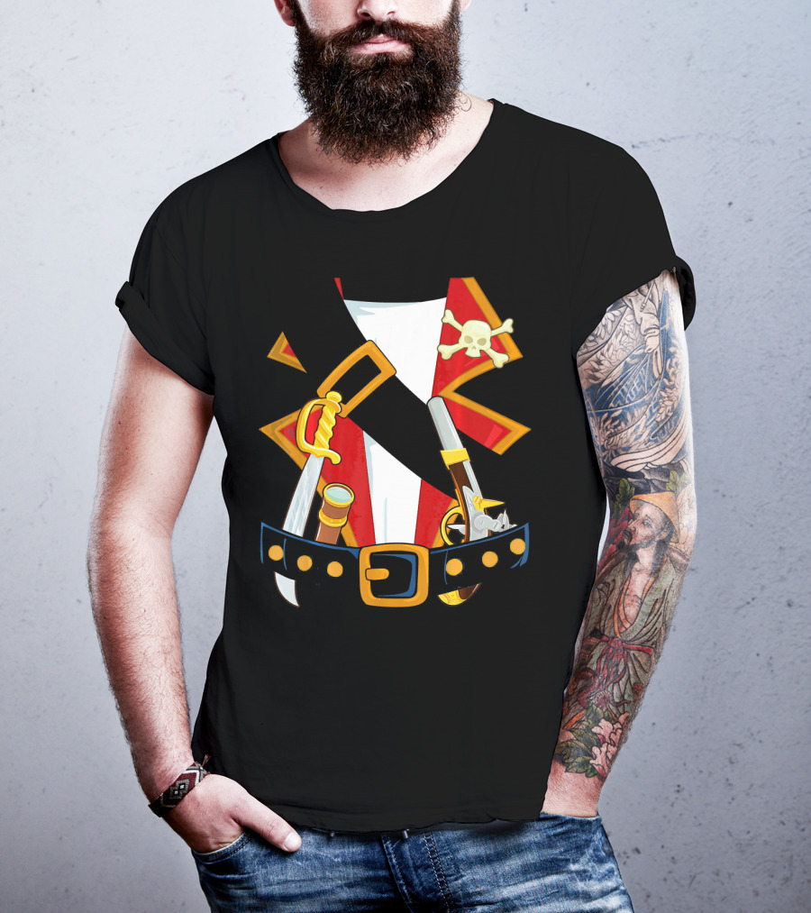 Pirate Costume Skull Crossbones Sword Pistol Belt T-Shirt