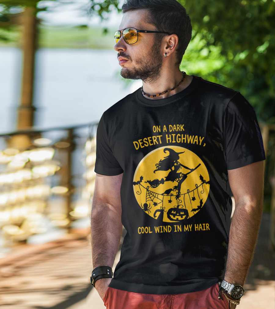 On A Dark Desert Highway Cool Wind In My Hair Witch Flying Halloween Scene T-Shirt