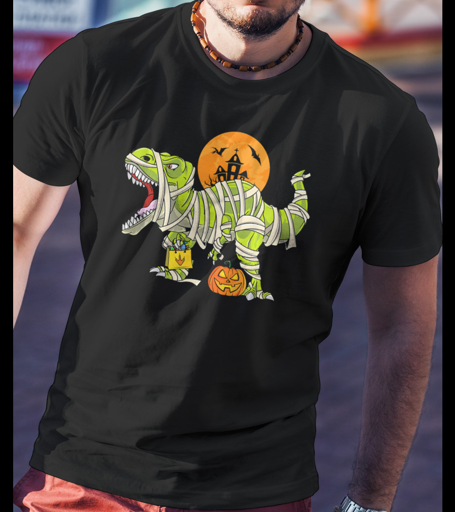 Funny Halloween Rex Dinosaur Mummy With Pumpkin And Haunted House T-Shirt