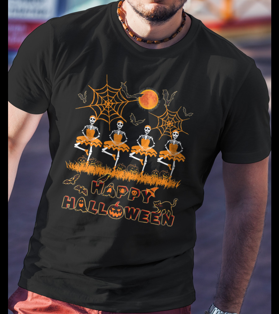 Happy Halloween Dancing Ballet Skeletons With Spiders And Bats T-Shirt