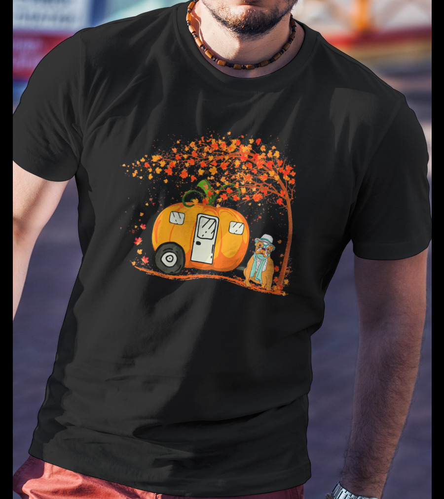 Bulldog With Pumpkin Camping Van Under Autumn Tree T-Shirt