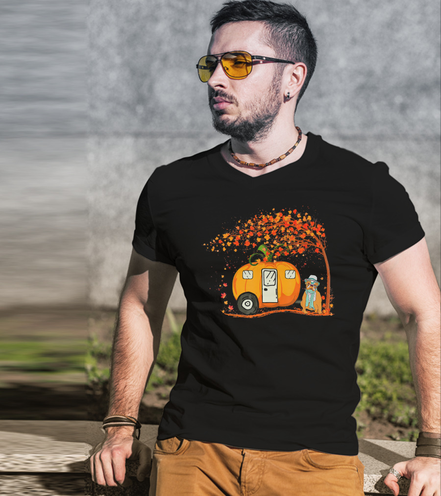 Bulldog With Pumpkin Camping Van Under Autumn Tree T-Shirt
