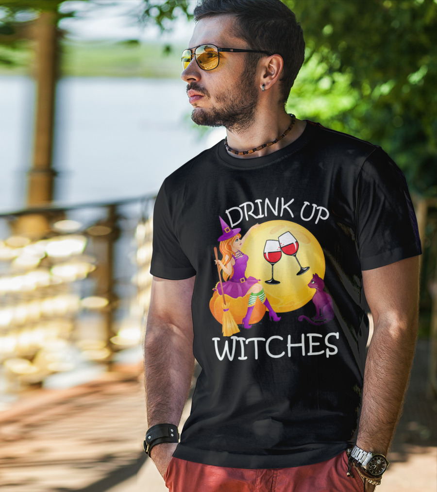 Drink Up Witches Halloween Wine Moon Cat Broomsticks T-Shirt
