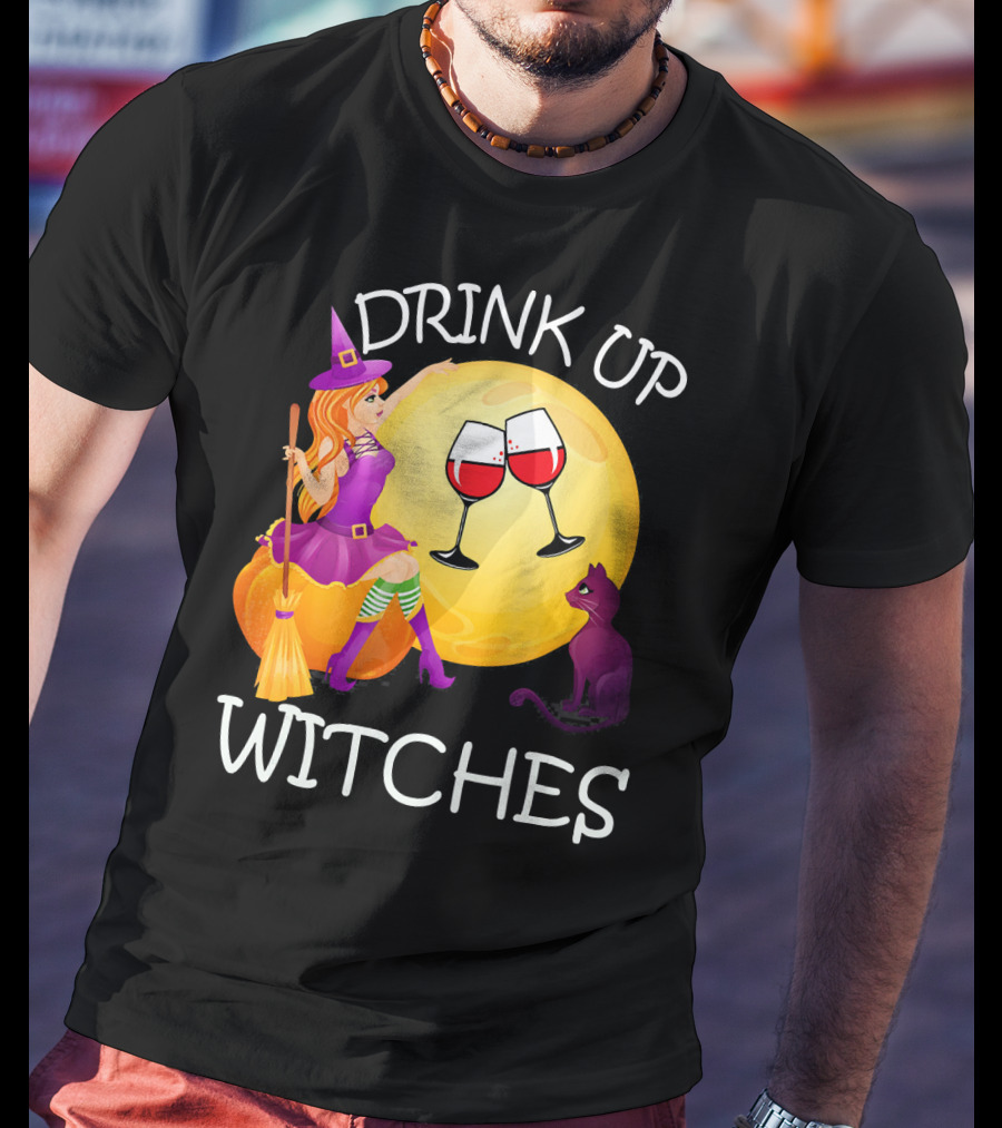 Drink Up Witches Halloween Wine Moon Cat Broomsticks T-Shirt