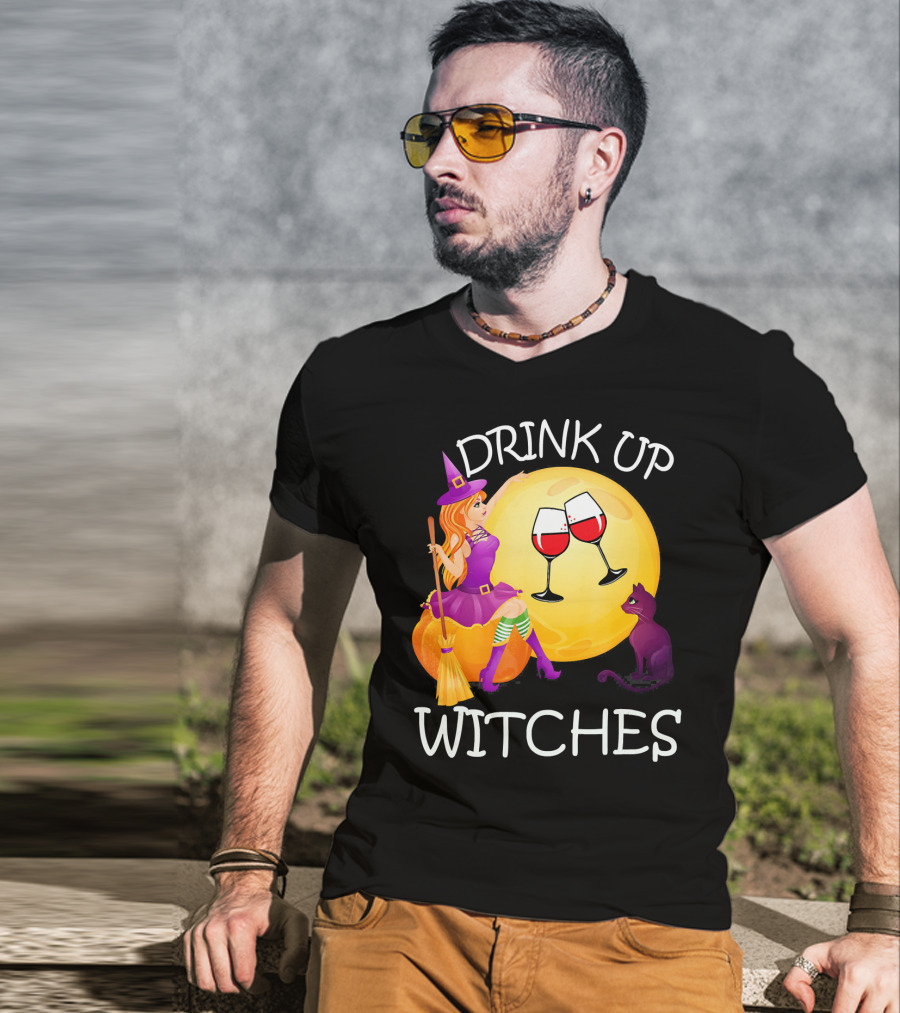 Drink Up Witches Halloween Wine Moon Cat Broomsticks T-Shirt