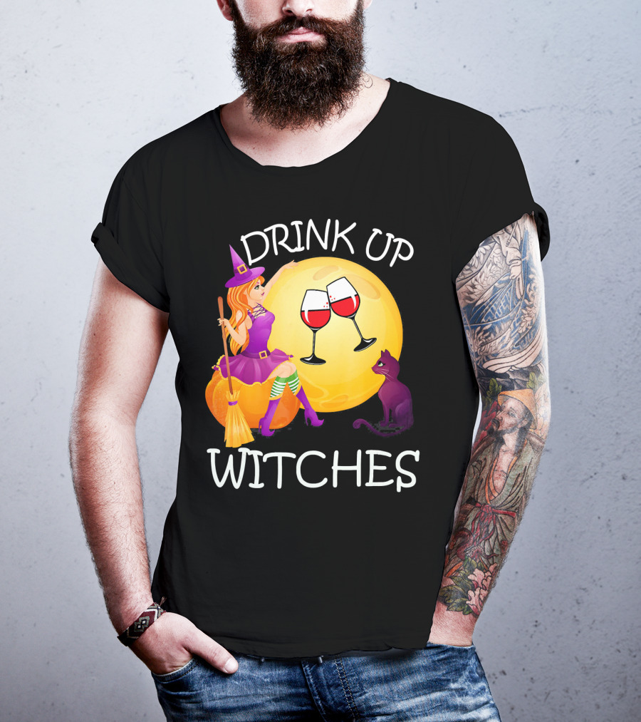 Drink Up Witches Halloween Wine Moon Cat Broomsticks T-Shirt