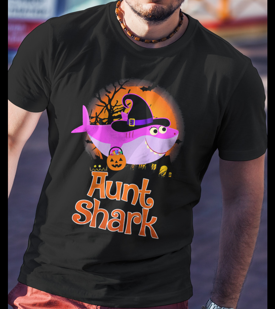 Aunt Shark Halloween Witch With Pumpkin On Orange Full Moon T-Shirt
