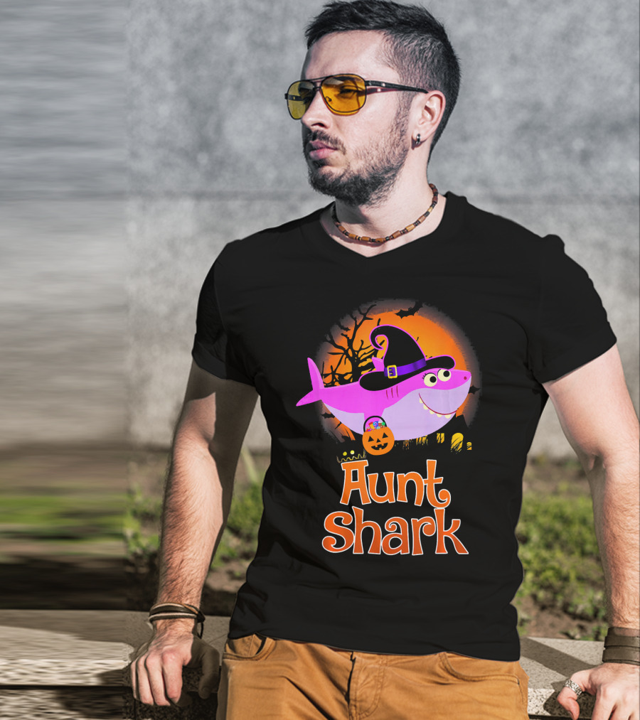 Aunt Shark Halloween Witch With Pumpkin On Orange Full Moon T-Shirt